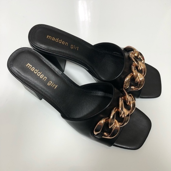 Madden Girl Mules Heeled Sandals Golden chain black Size 8.5 - Picture 5 of 9